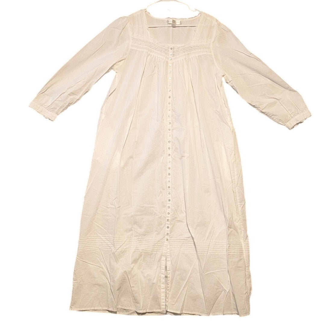 Eileen West Sleepwear White Lace Full Front Button Fine Cotton Night Gown Sz L
