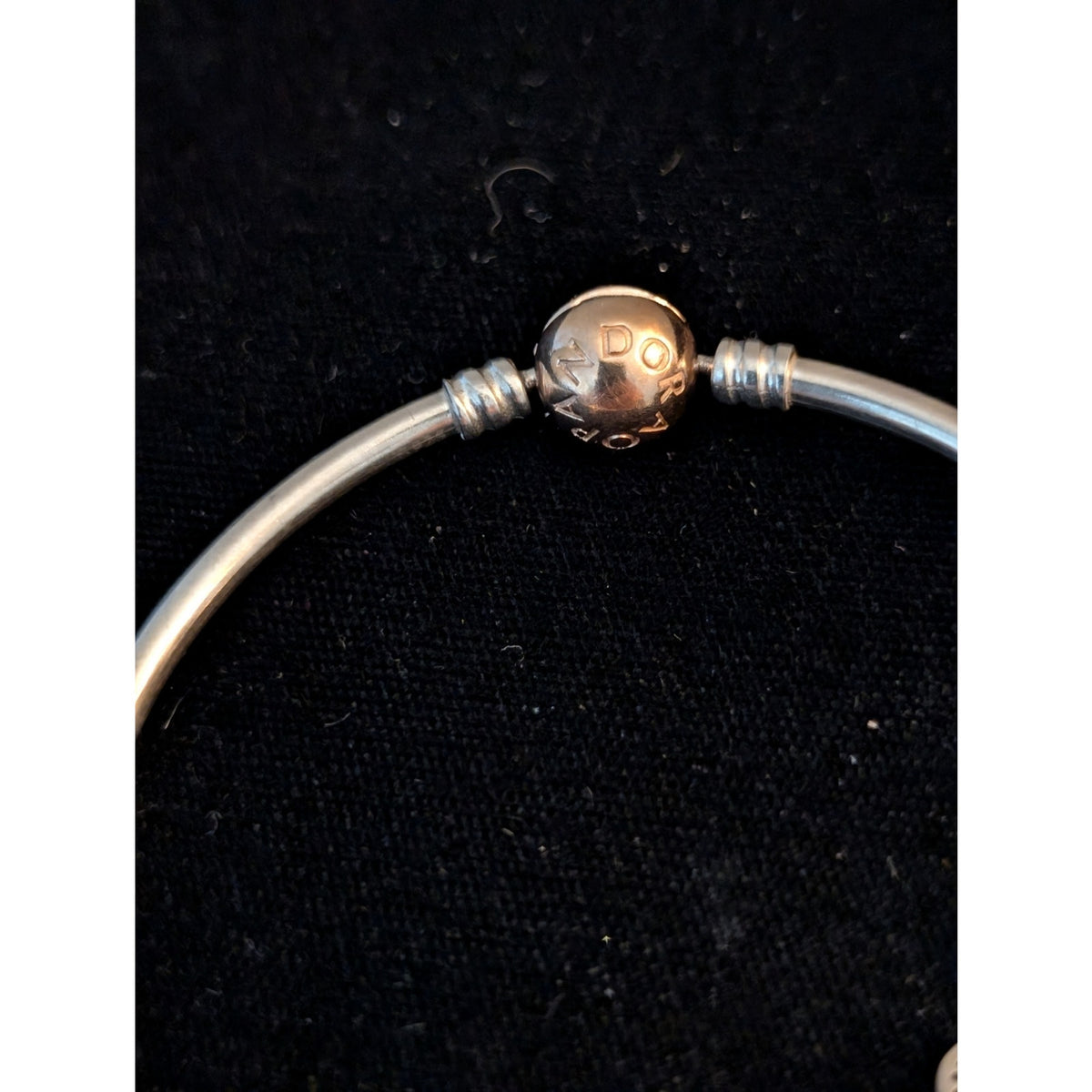 Pandora's Modern Classic Silver Bangle W/ Rose Metal Blend & Three Charms