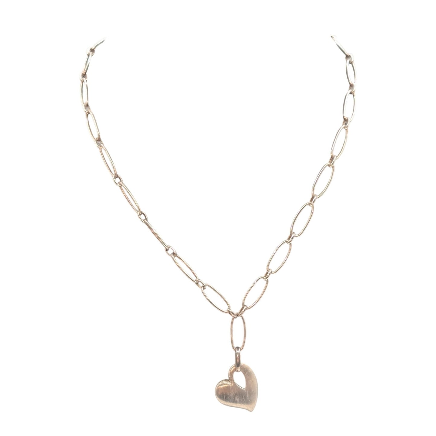 Vintage 925 Sterling Silver Heart Dangle Charm Oval Link Chain 18.25" Necklace