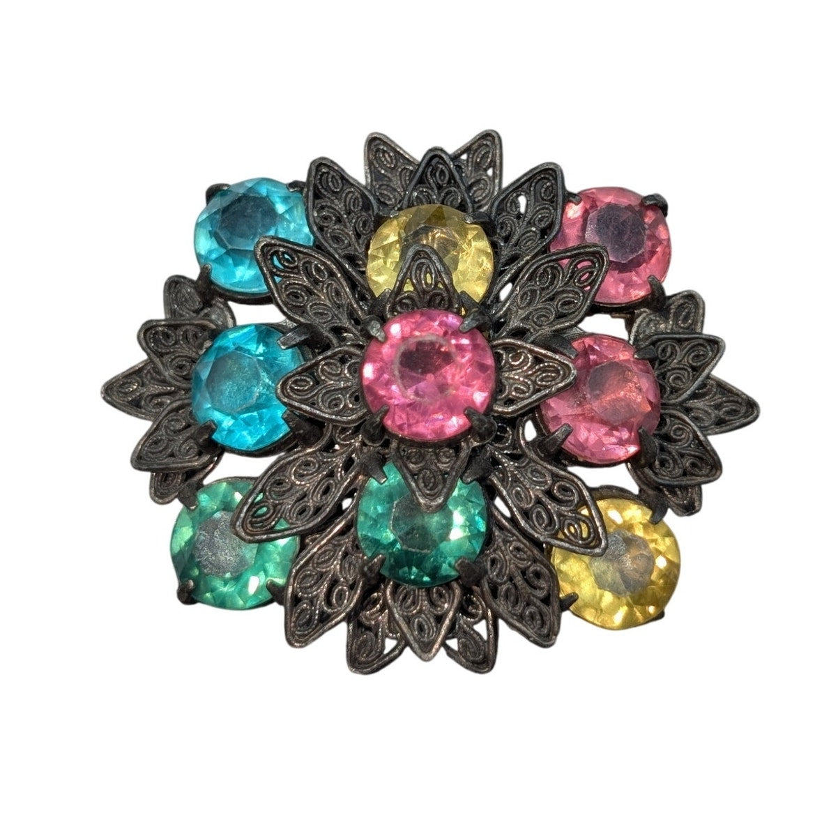 VTG/Antique 1920s or 30s Multi-Color Czech Glass Filigree Art Deco Brooch