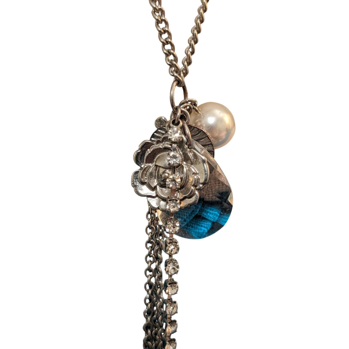 Silver Tone Cluster 22-24.5" Necklace With Rose, Rhinestones, Pearls, etc.
