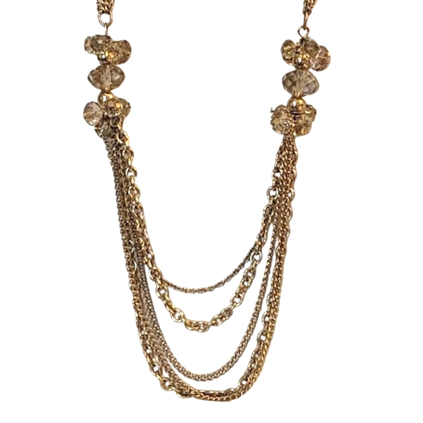 Champagne Crystal Cluster Gold Tone Multi-Chain Long Necklace