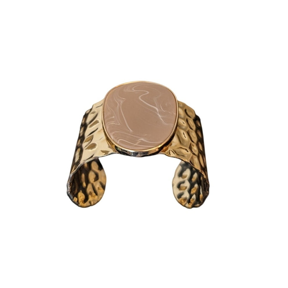 Hammered Gold Tone Cuff W/ Bezel Set Tan Swirl Faux Stone