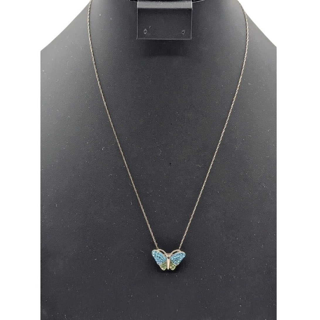 Sterling Silver Blue Green Crystal Butterfly Pendant Vintage Chain 21" Necklace
