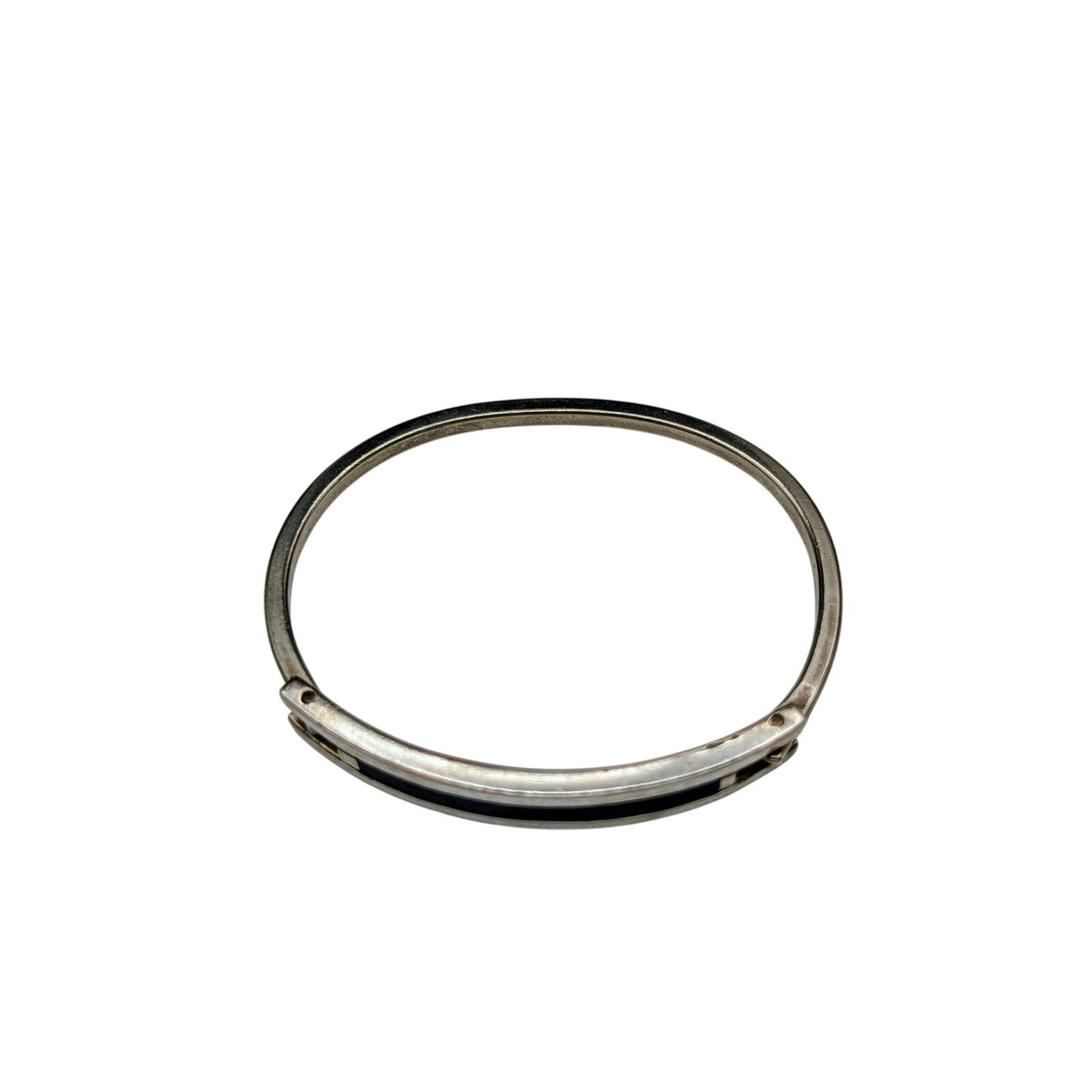 Vintage Made in Mexico Silver Tone Black Inlay Hook Clasp Oval Bangle Bracelet