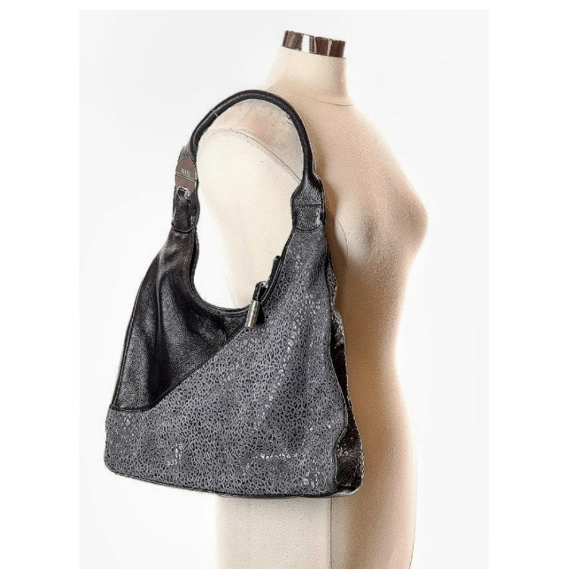 BODHI Black Leather Silver Subtle Metallic Leopard Hobo Bag