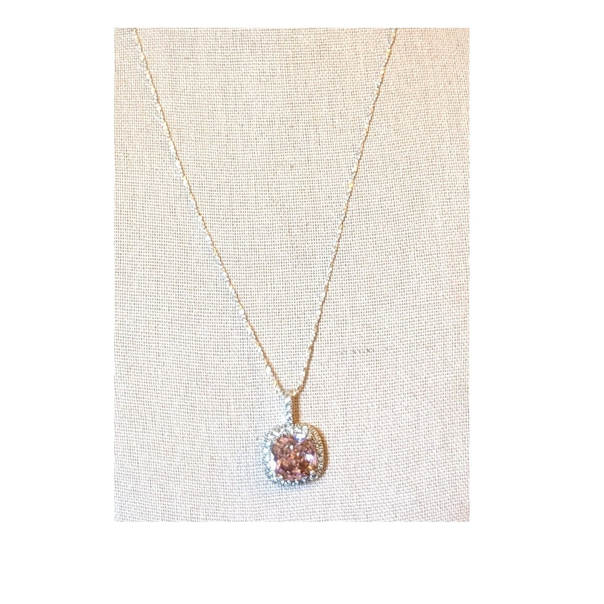 925 Silver Checkerboard Faceted Pink Cushion Set Glass Stone W/ CZ Necklace