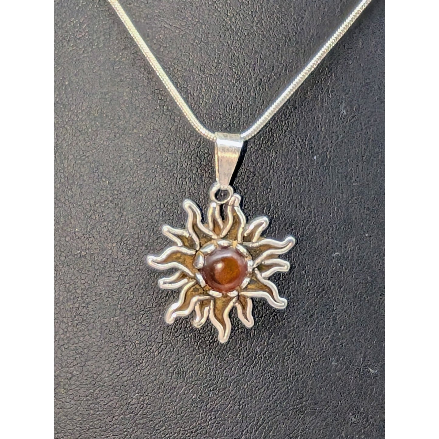 Vtg 925 Sterling Silver Amber Color Stone Sunburst Pendant 16" Chain Necklace