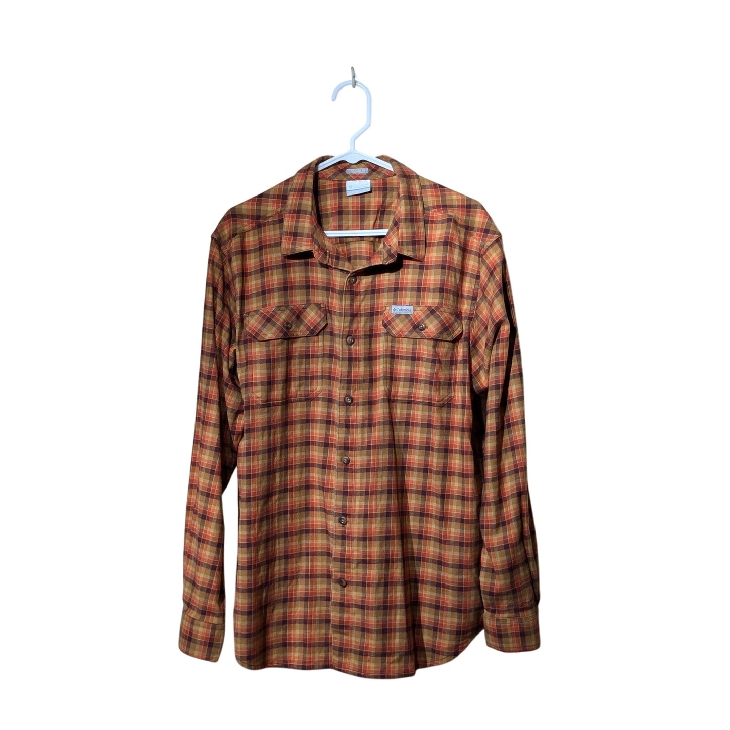 Columbia Orange Plaid Reg Fit Cotton Stretch Flannel Button Up Shirt Mens Sz L