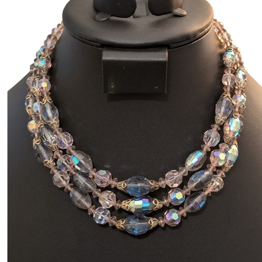 Vintage Three Strand Purple Aurora Borealis Crystal Necklace & Bracelet Set