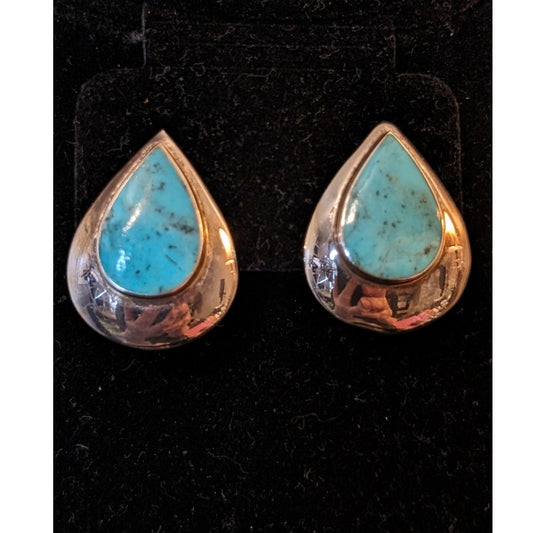 Vintage 925 Sterling Turquoise Teardrop Clip On Earrings