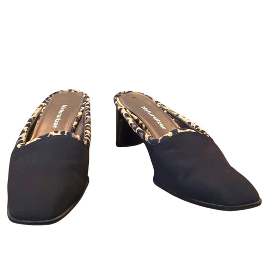 Naturalizer Black Fabric Mule w/ Animal Print Trim & Patent Leather Heels Sz 8.5