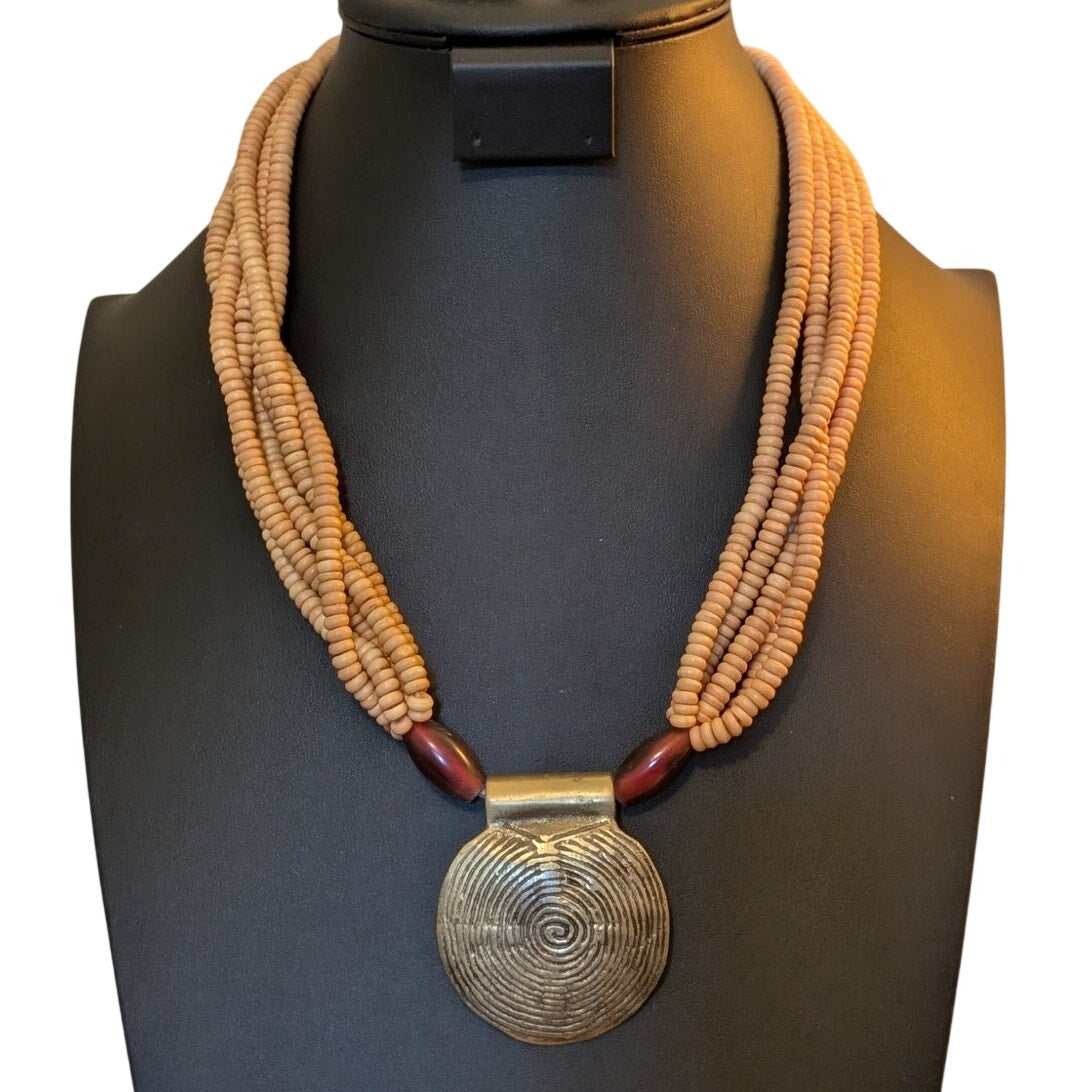 Vintage Tribal Medallion Pendant Multi-Strand Beaded Necklace W/ Button Clasp