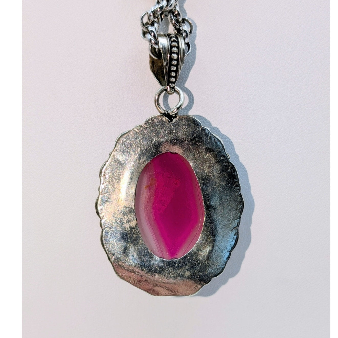 Vtg Pink Botswana Agate Oval Cabochon Silver Tone Pendant Rope Chain Necklace