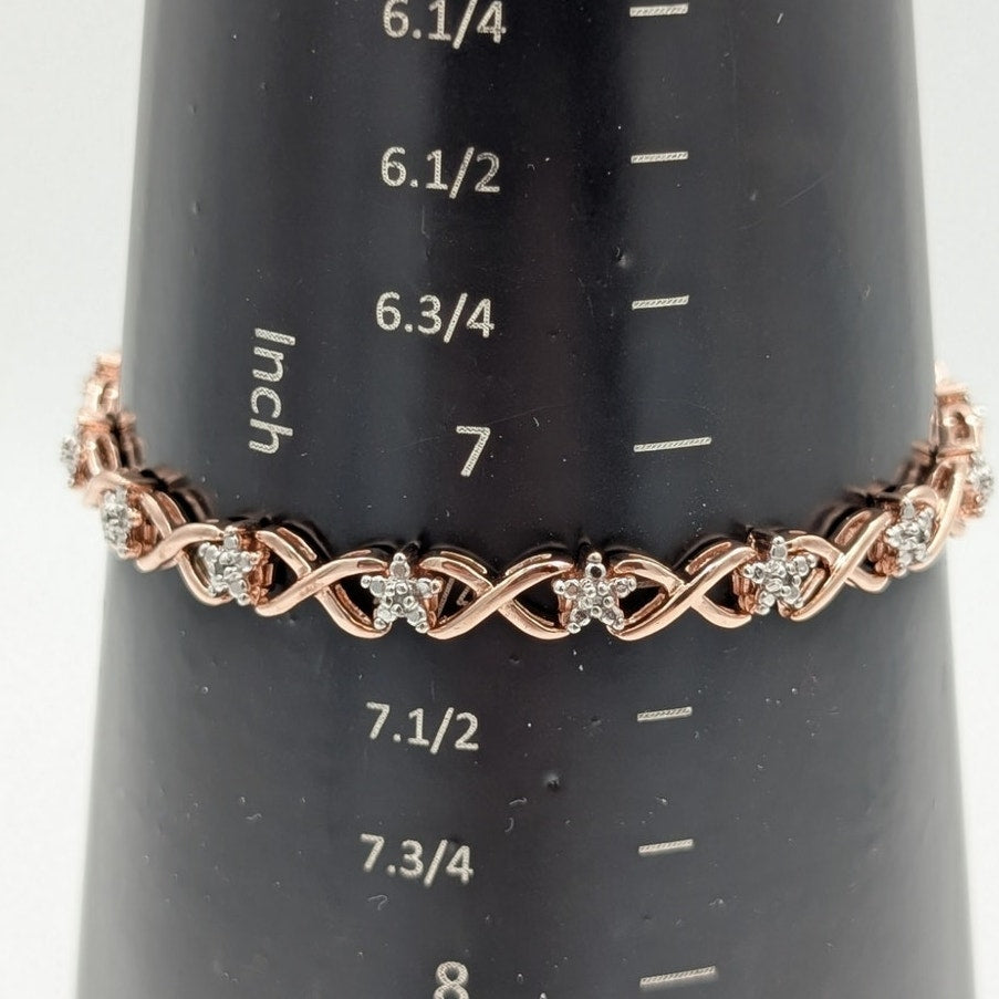 925 Sterling Silver Rose Gold Vermeil  .10ct Round Diamond Star Tennis Bracelet