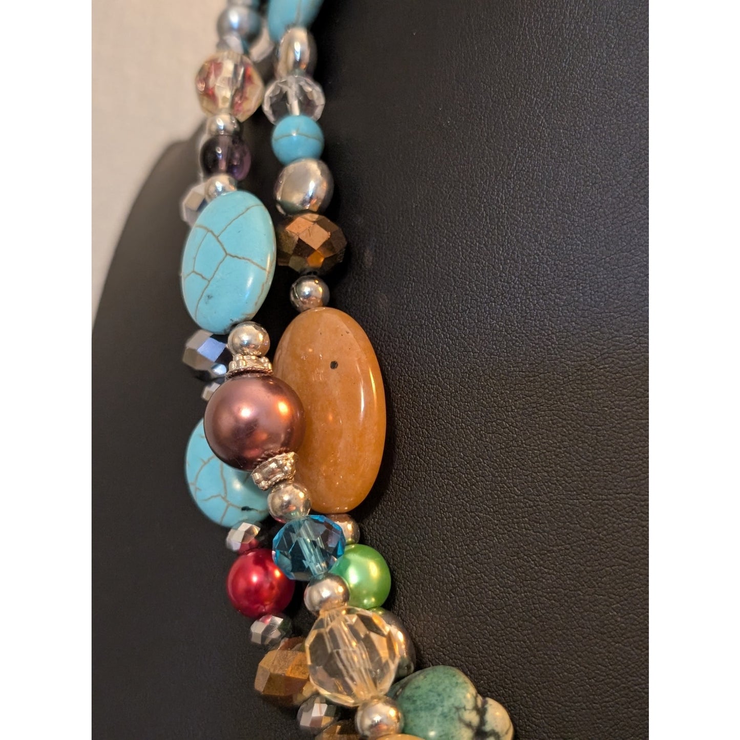 Southwest Layer Triple Strand Stone Crystal Bead Jeweled 20"-22.5" Necklace