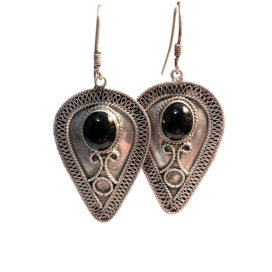Vintage Black Onyx Bali Inspired Teardrop Dangle Earrings