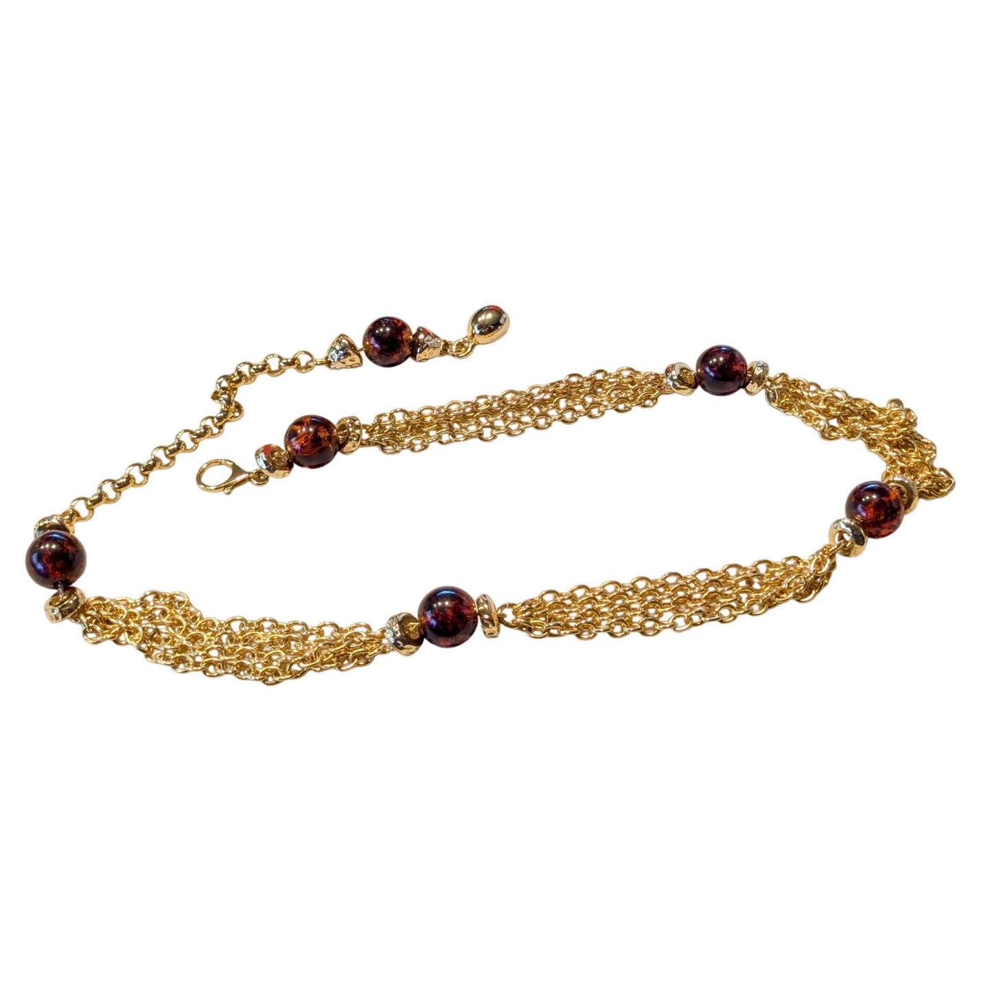 Multi-Strand Goldtone Chain Link Rootbeer Acrylic Ball Bead Chain Belt 30"-35.5"