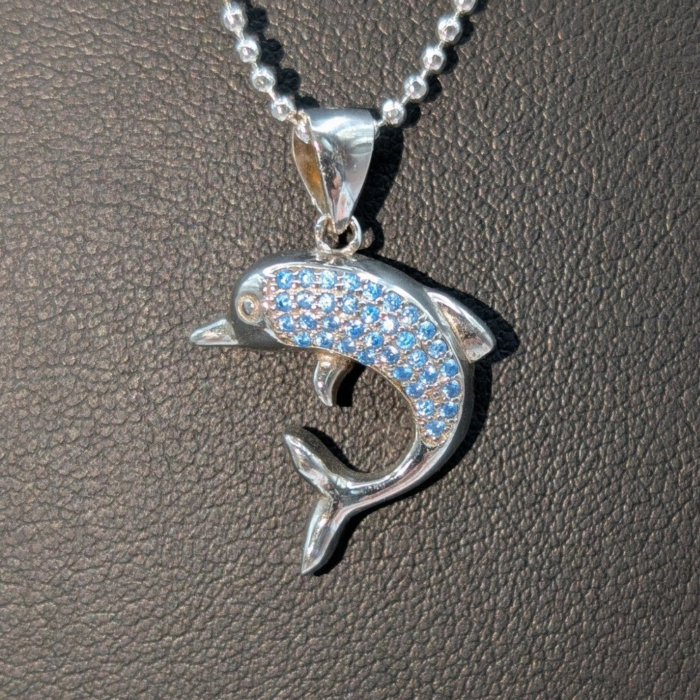 925 Sterling Silver Blue Spinel Pave Dolphin Pendant Bead Ball 22"Chain Necklace