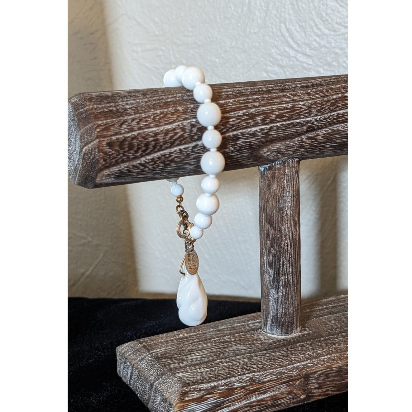 Miriam Haskell White Milk Glass Bead Dangle Charm Safety Chain Signed Bracelet