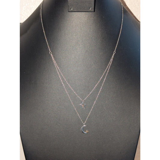 JCM Stainless Steel Double Strand Stars & Moon Two Tone Pendants Chain Necklace
