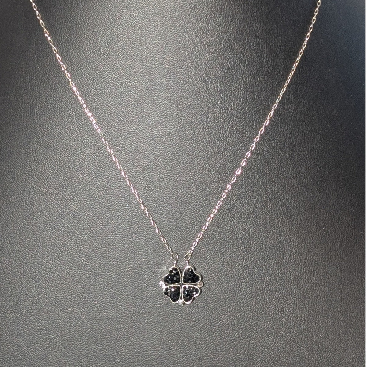 Silver Tone Red or Black Reversible Four Leaf Clover Pendant Necklace