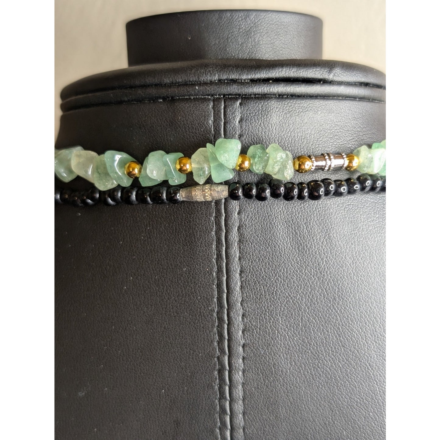 Lot of Two Vintage Green, Black & Gold Tone Beaded Necklaces & Matching Earrings