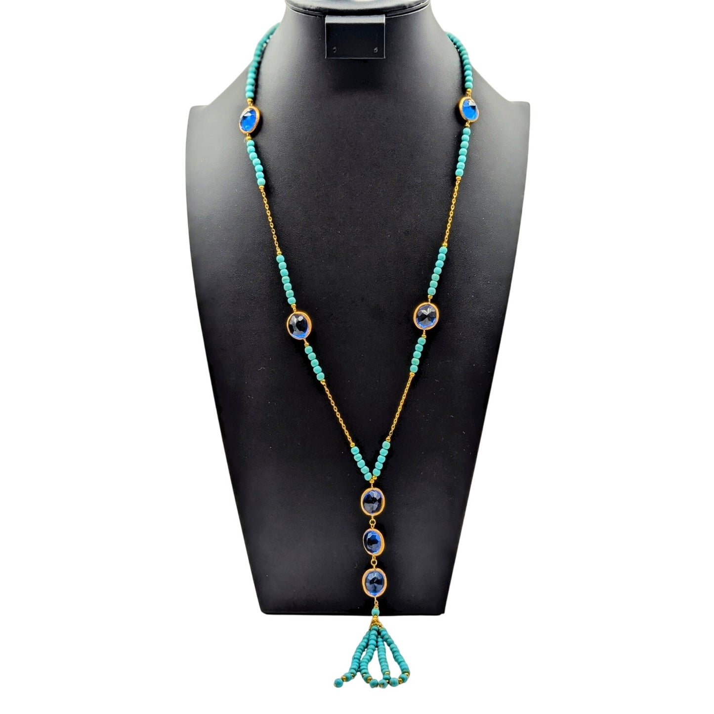 Dyed Howlite Sapphire Glass Gold Tone Bezel Set Tassel Slip Over 28" Necklace