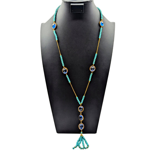 Dyed Howlite Sapphire Glass Gold Tone Bezel Set Tassel Slip Over 28" Necklace
