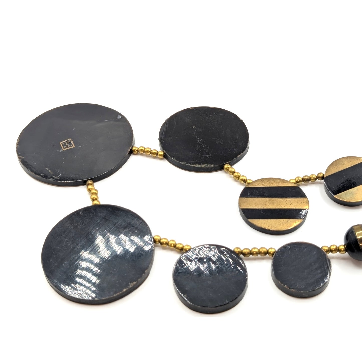 Vtg Tribal Black & Brass Striped Beaded Chunky Necklace & One Matching Earring