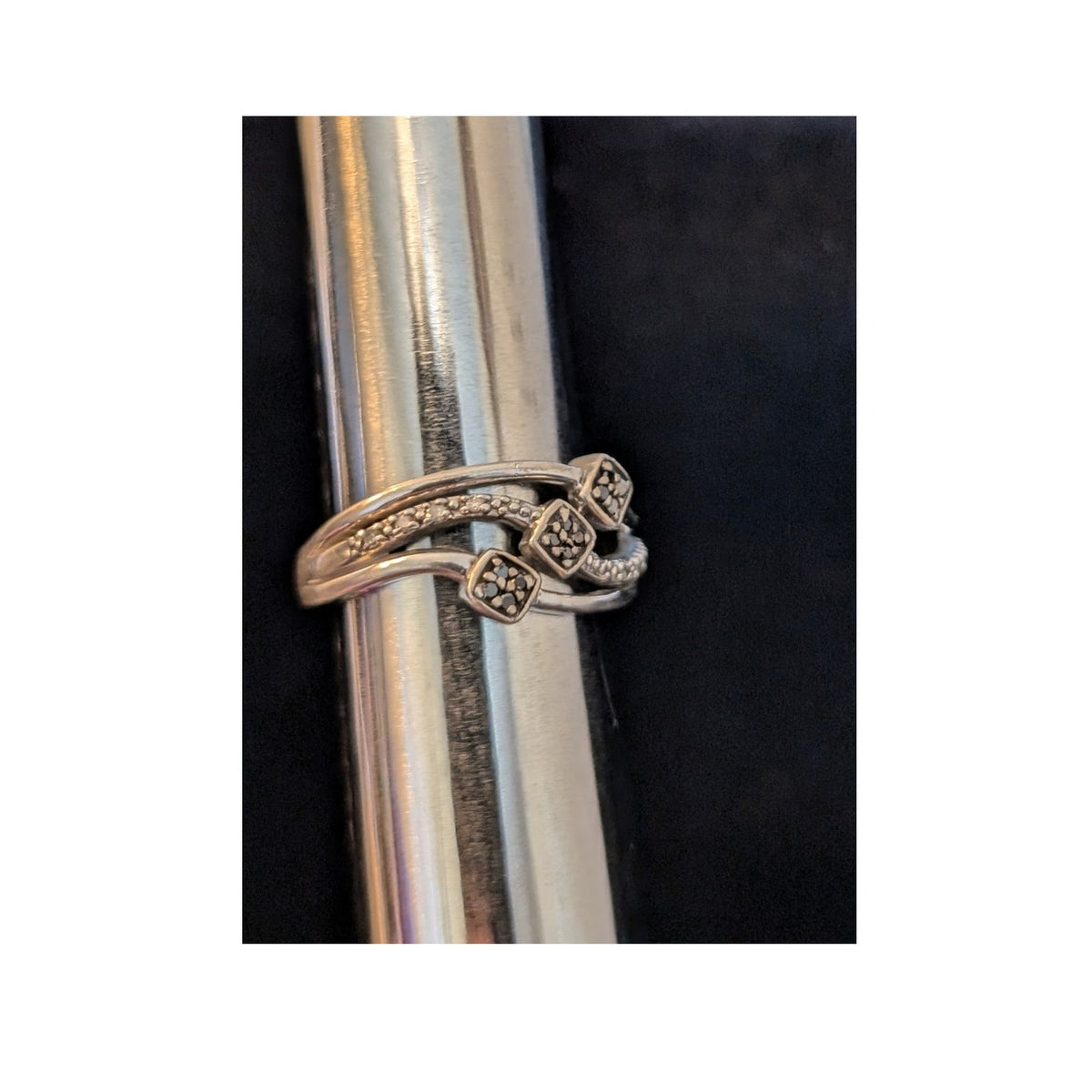 Vintage Natural Black & White Diamond Design 925 Sterling Silver Ring Size 7