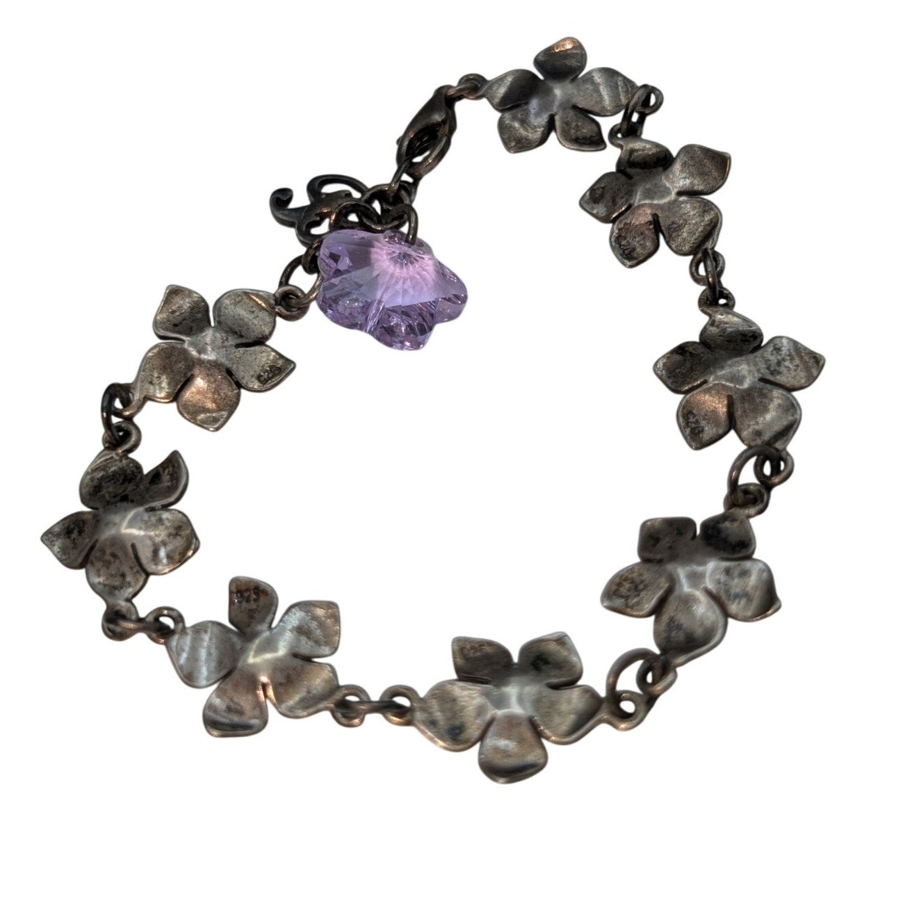 Vintage 925 Sterling Silver Flower Station Purple Crystal Flower Charm Bracelet