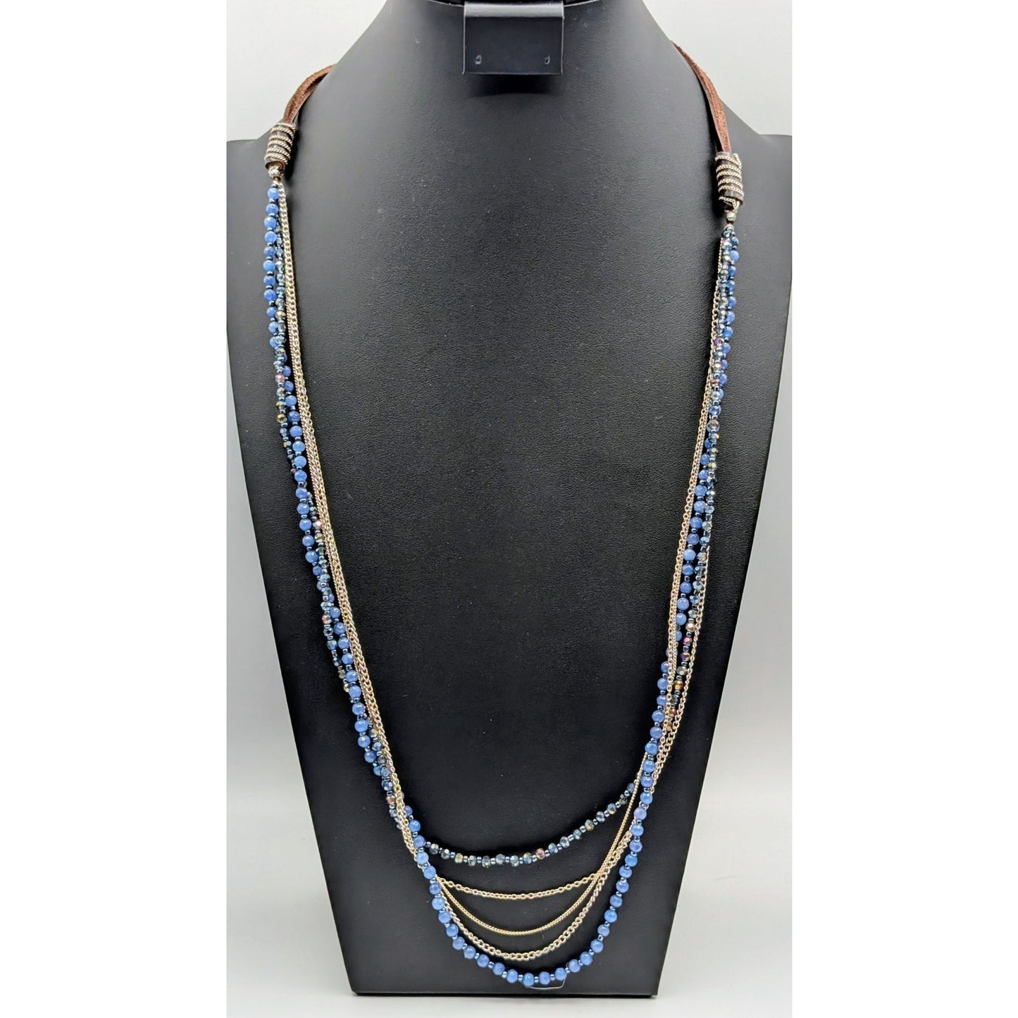 Silver Tone Multi-Chain Blue Bead Rawhide Adjustable Boho Necklace