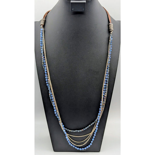 Silver Tone Multi-Chain Blue Bead Rawhide Adjustable Boho Necklace