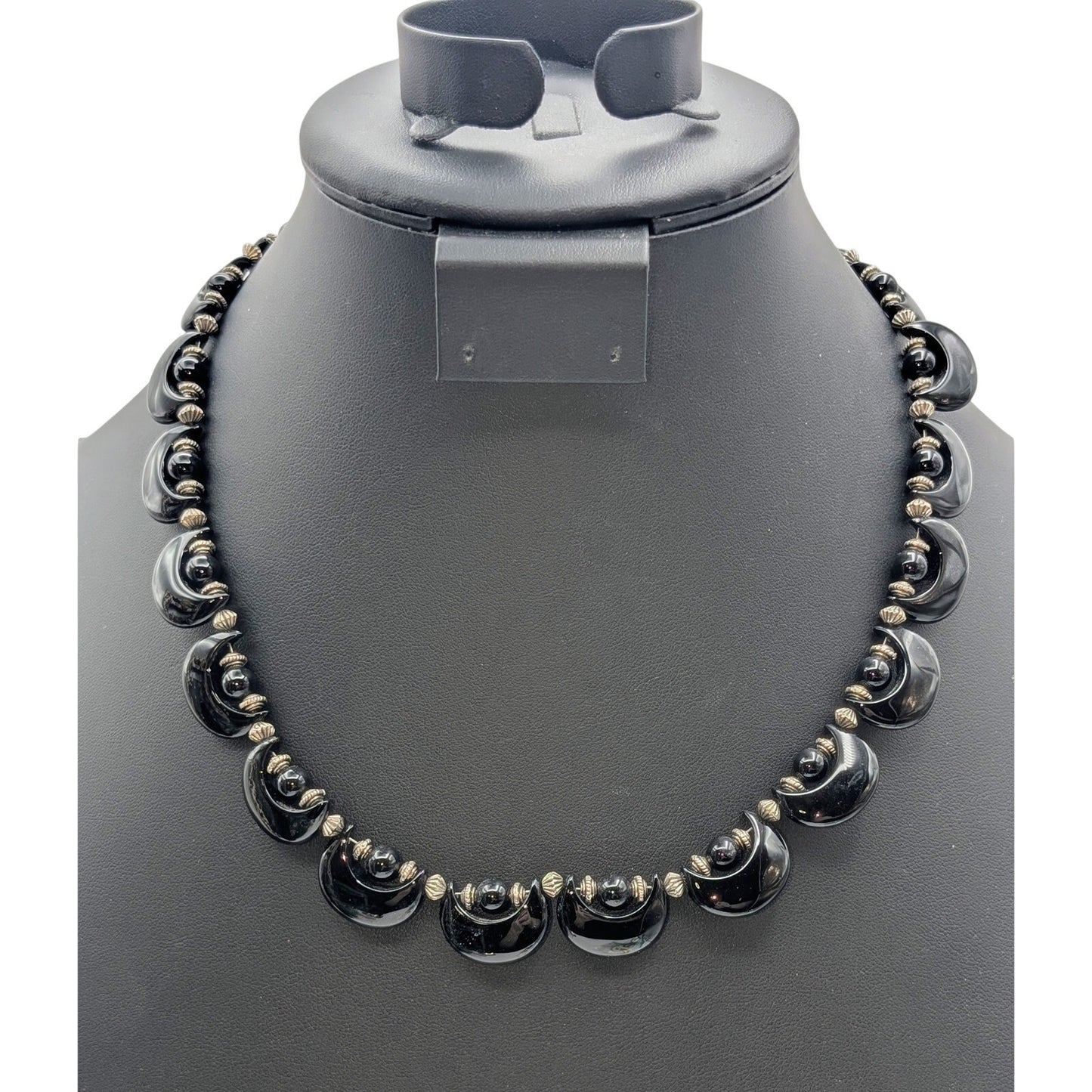 Vintage Black Onyx or Tourmaline Moon Shape Bead Silver Tone 17"-19" Necklace