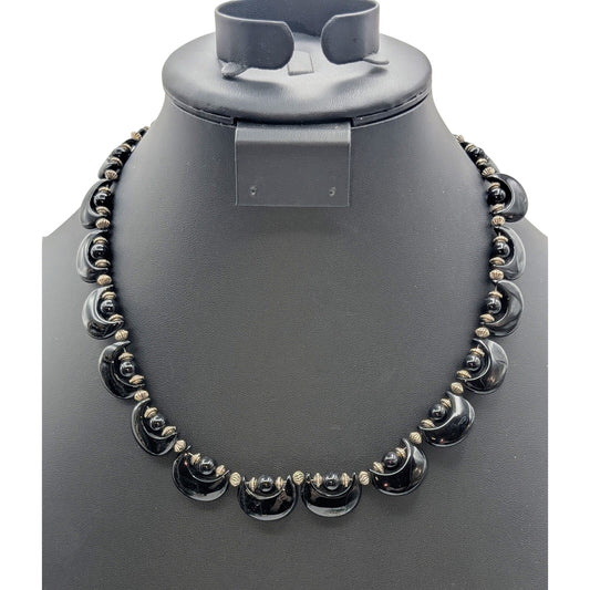 Vintage Black Onyx or Tourmaline Moon Shape Bead Silver Tone 17"-19" Necklace