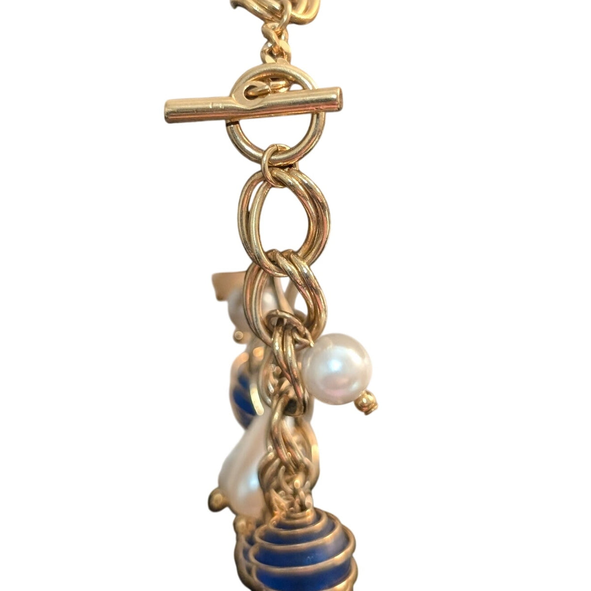 Vintage 1980s Gold Tone Double Link Blue Cage Ball Faux Pearl Toggle Bracelet