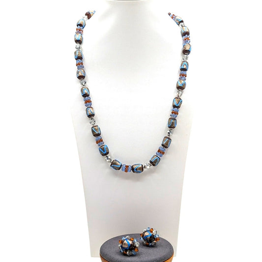 Vtg Brown & Electric Blue Japanese Foil Glass Bead Necklace & Clip Earring Set