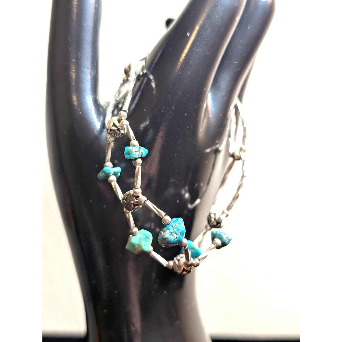 Vintage 70s Twisted Liquid Silver Turquoise Bead Barrel Clasp Bracelet