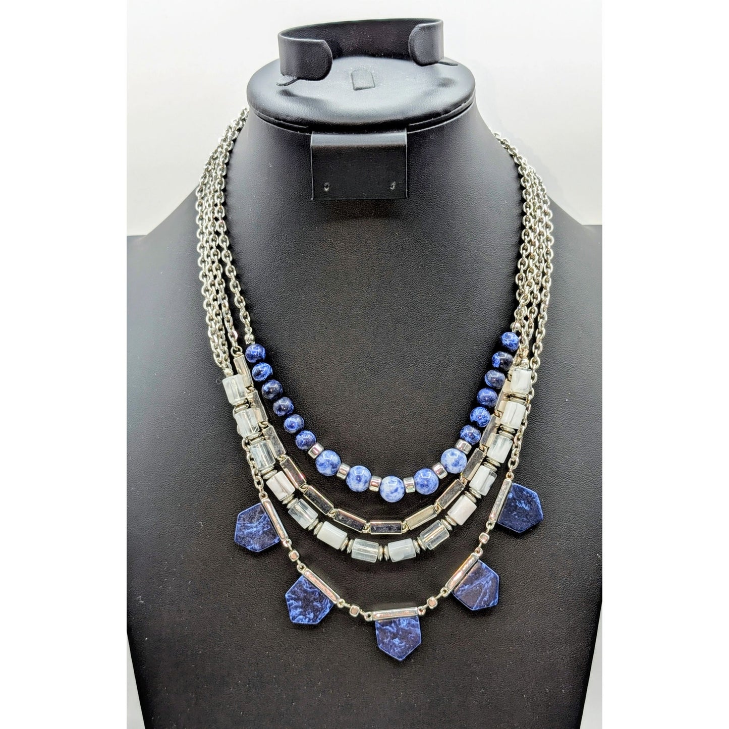 White House Black Market Four Strand Blue Silver Tone Beaded Stone Necklace