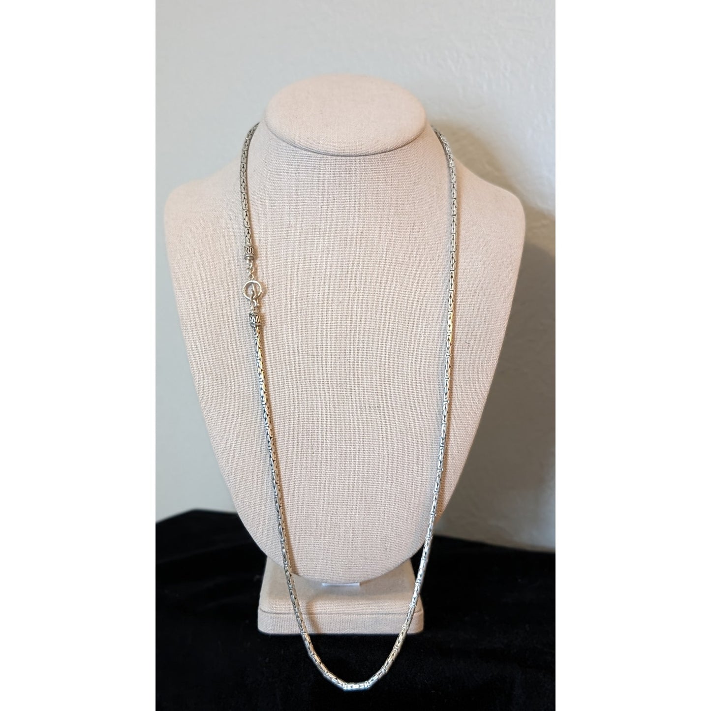 Sterling Silver 3mm Byzantine 30" Chain Necklace w/ Toggle Clasp & Bali End Caps