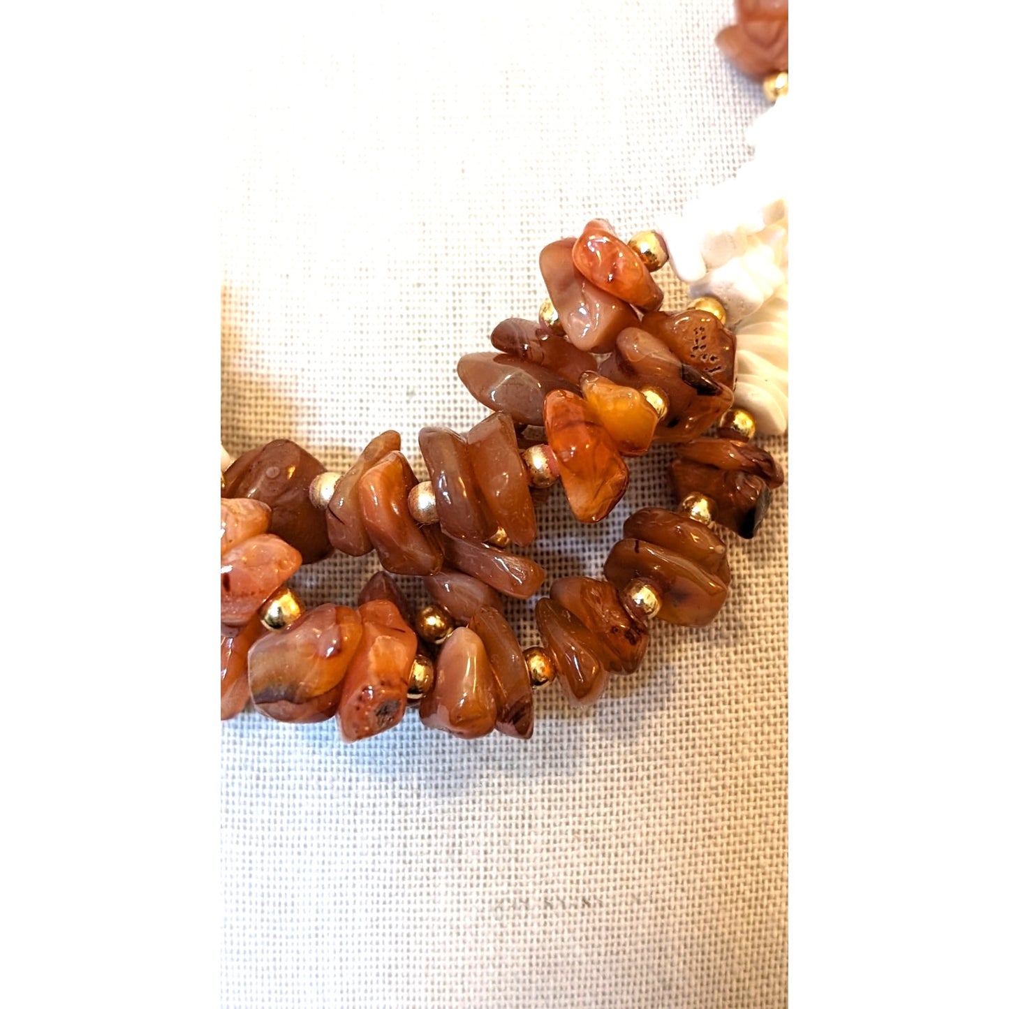 Three Strand Shell & Brown Chip Stone Beaded 19" Necklace W/ Barrel Clasp