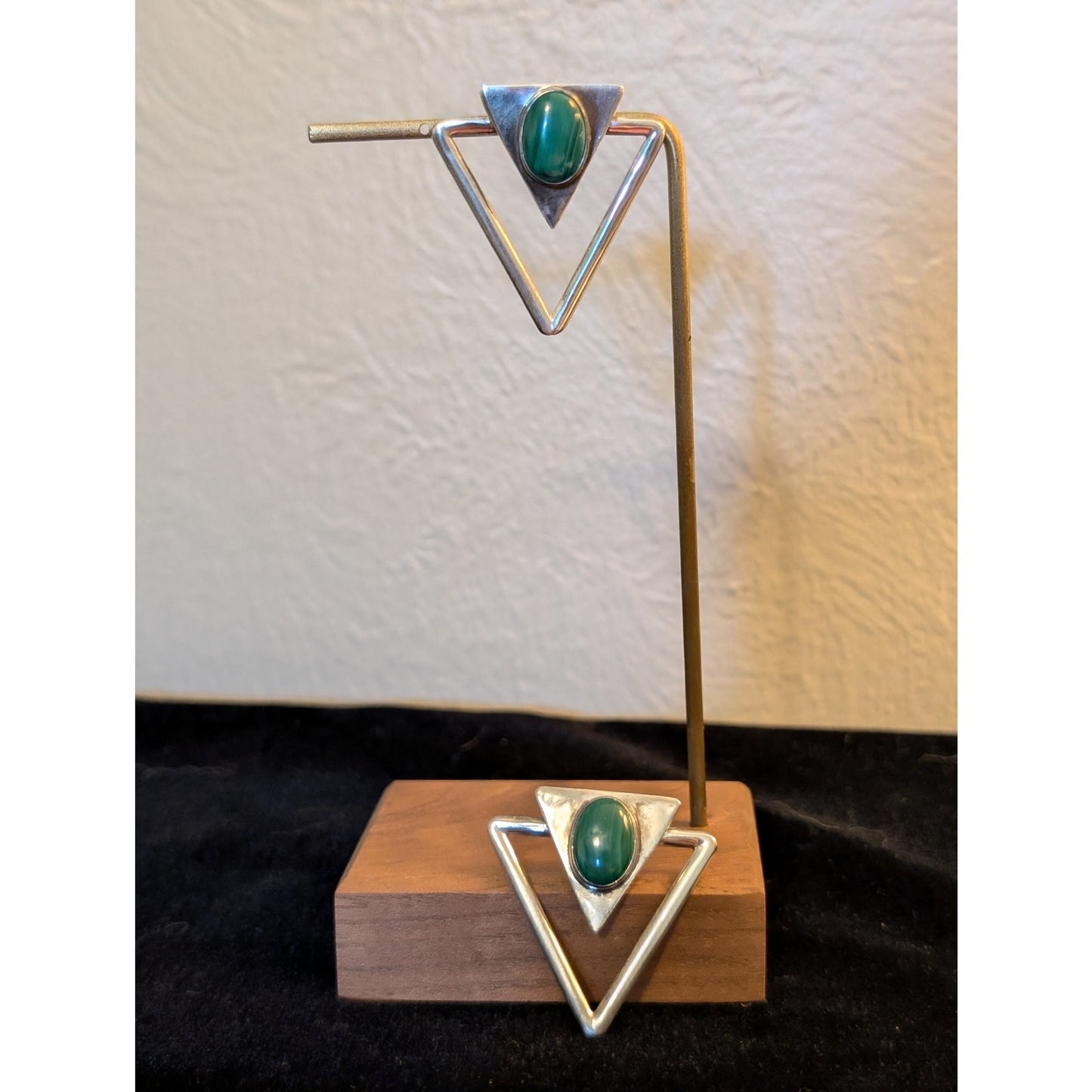 Vintage Navajo Handmade Sterling Silver Malachite Geometric Large Earrings