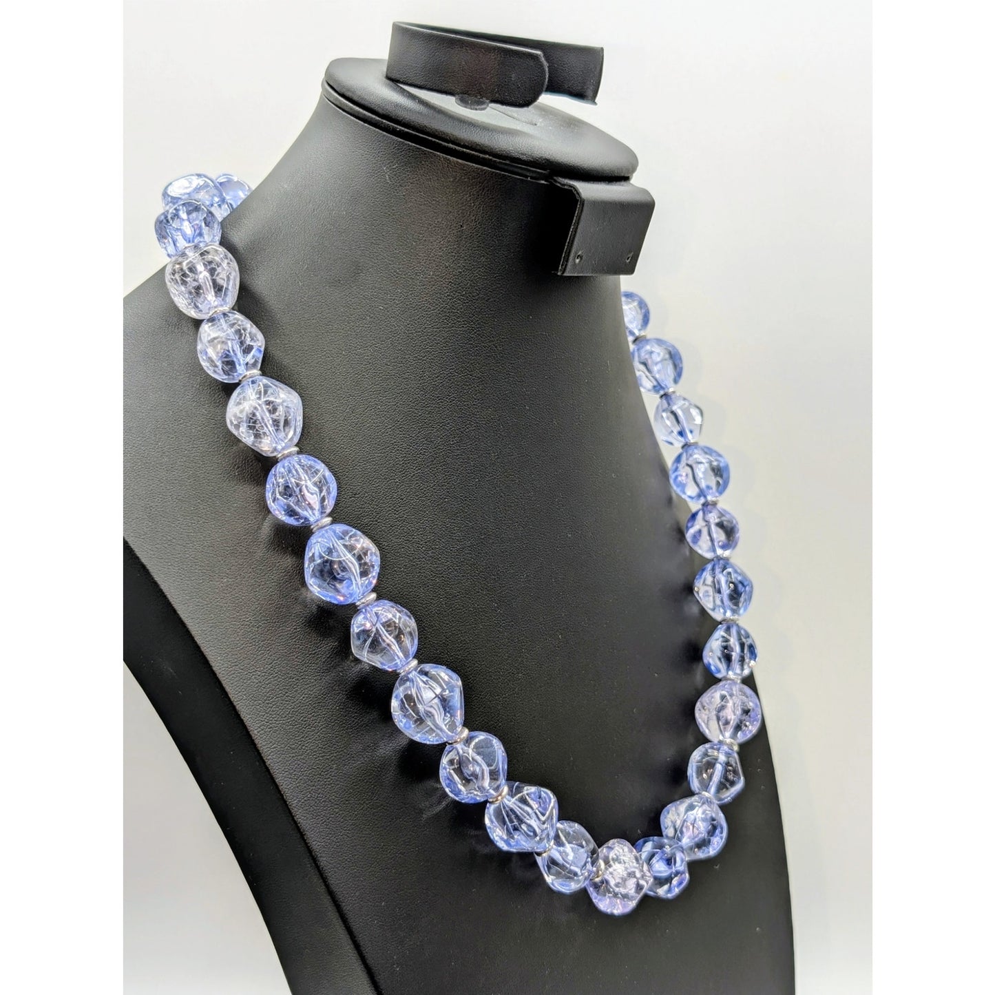Vintage Chunky Blue Purple Crackled Silver Tone Wire Strung Beaded 26" Necklace