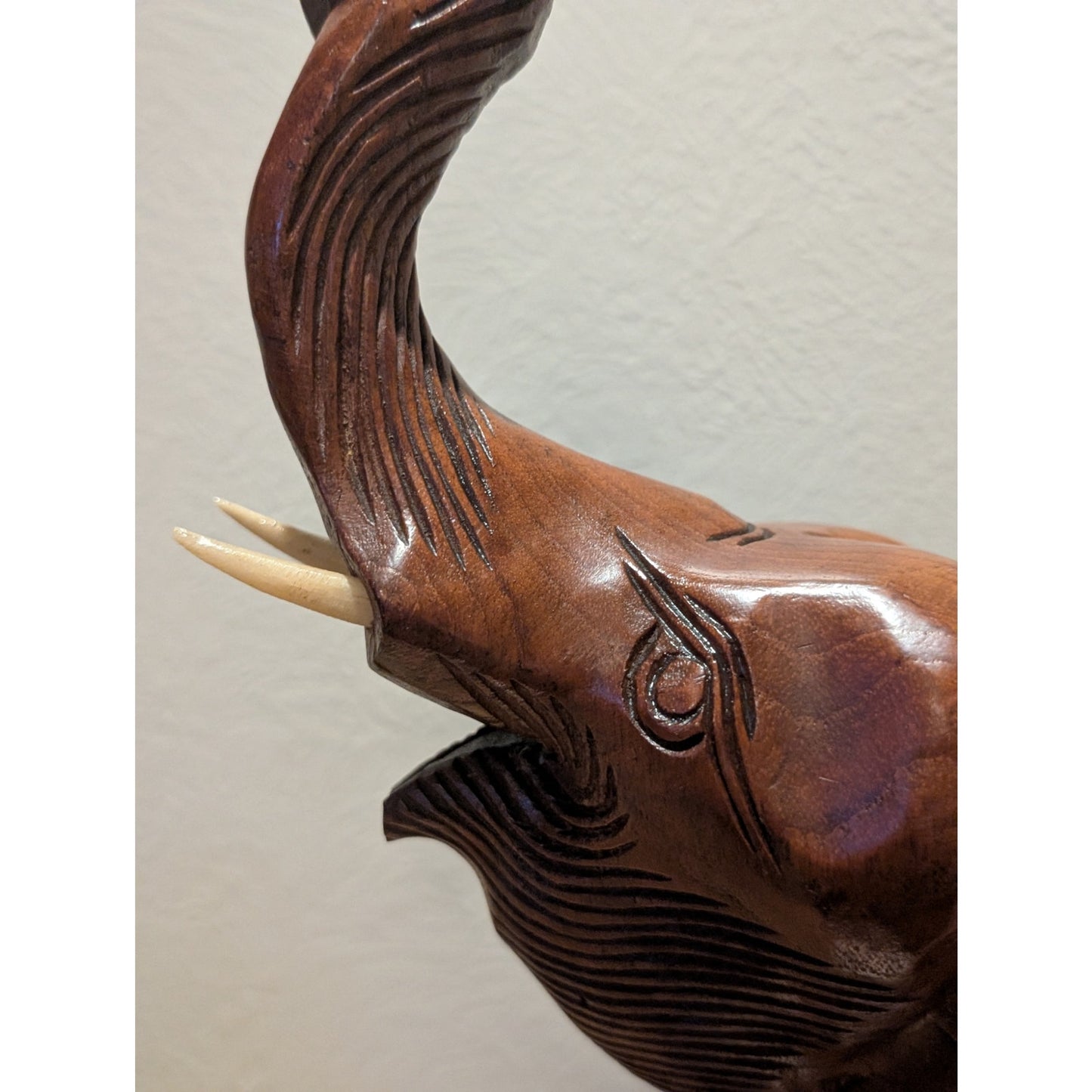 VTG Mid 20th Century Hand Carved Trunk Up Tusked Wooden Elephant Sculpture