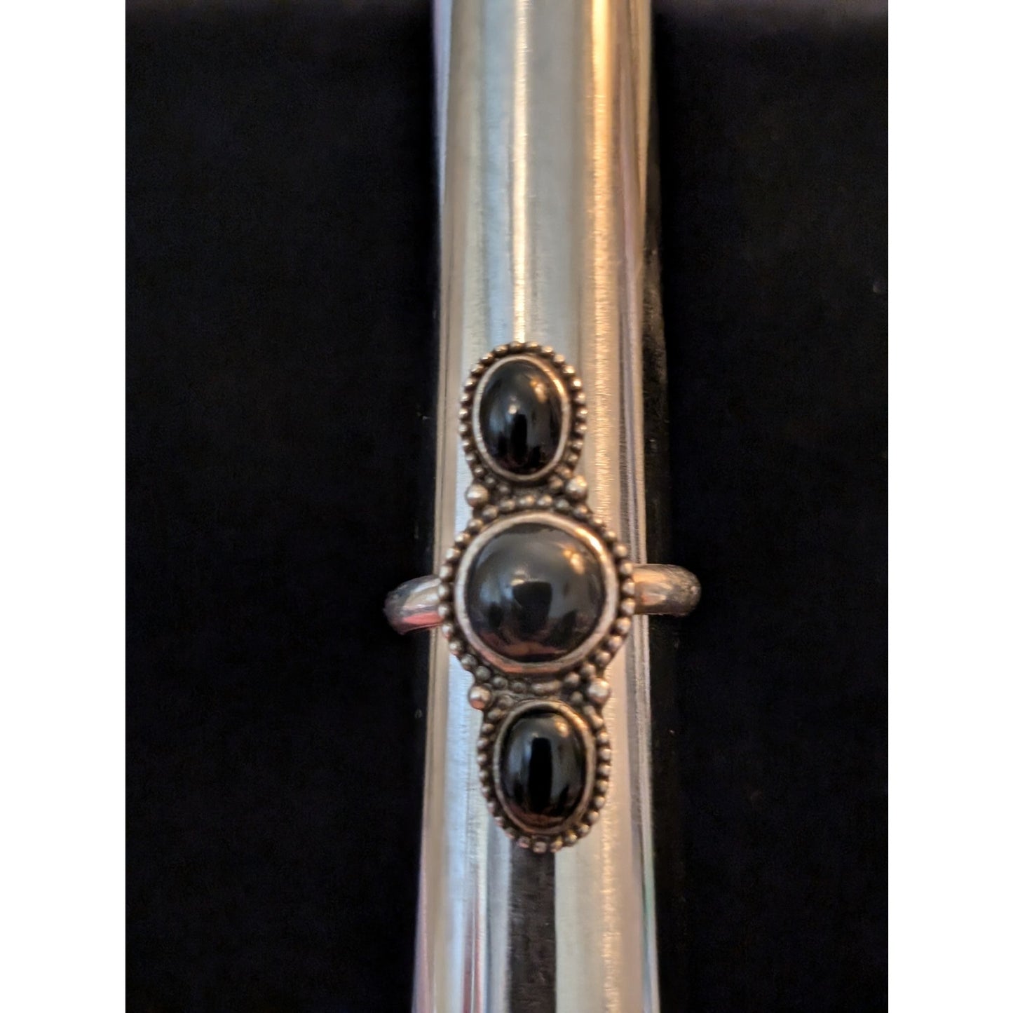 Vintage Signed Navajo 925 Sterling Silver Three Black Onyx Stone Ring Size 9.25