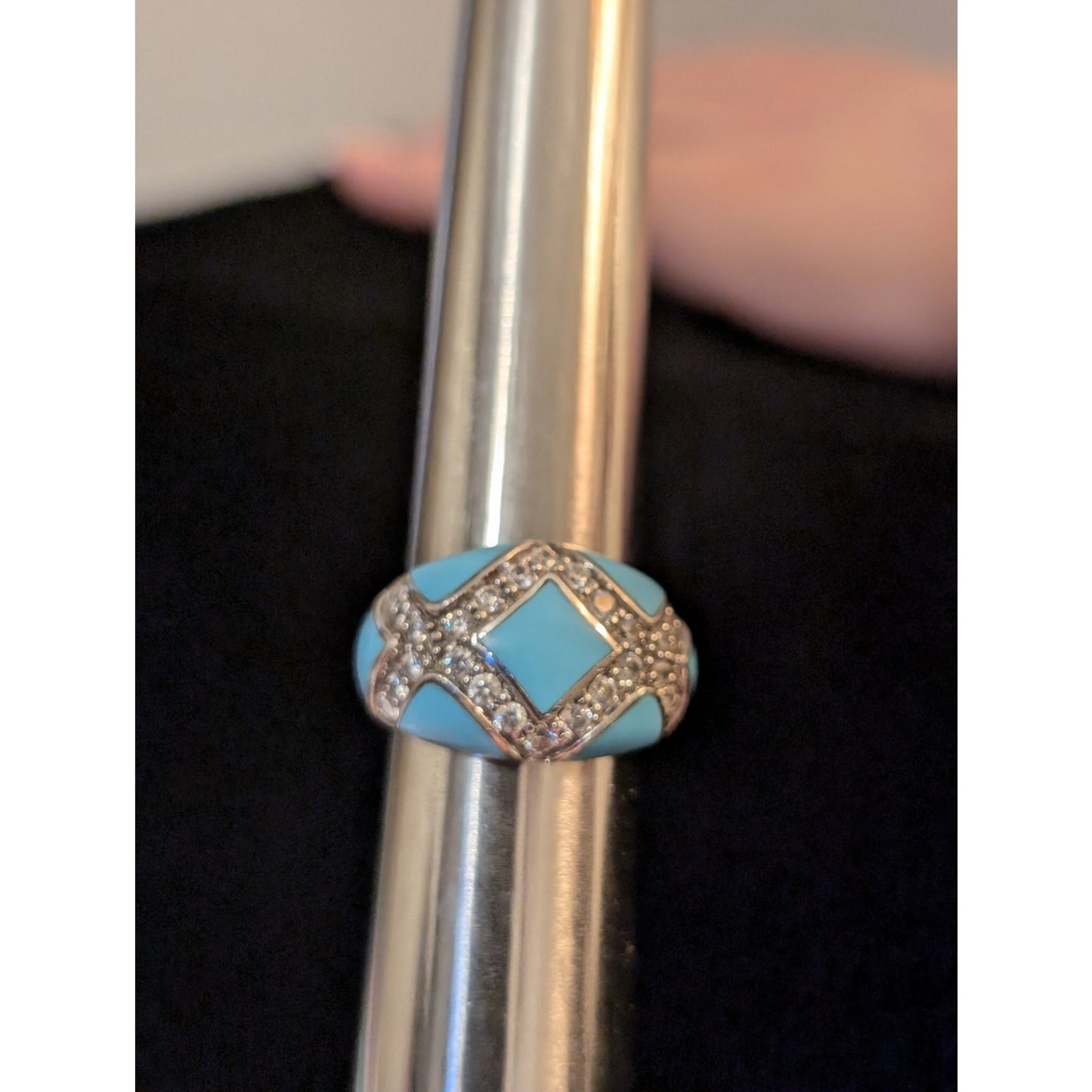 Turquoise Enamel & Pave Set Criss Cross CZ Sterling Silver Domed Ring Size 6.75