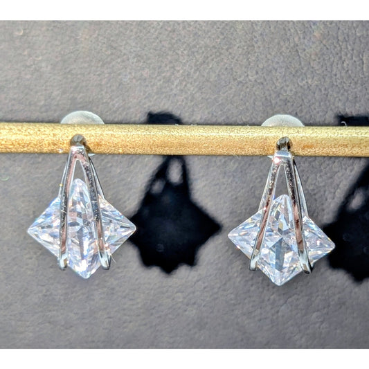 Marked SU CH Silver Square Crystal Pierced Earrings