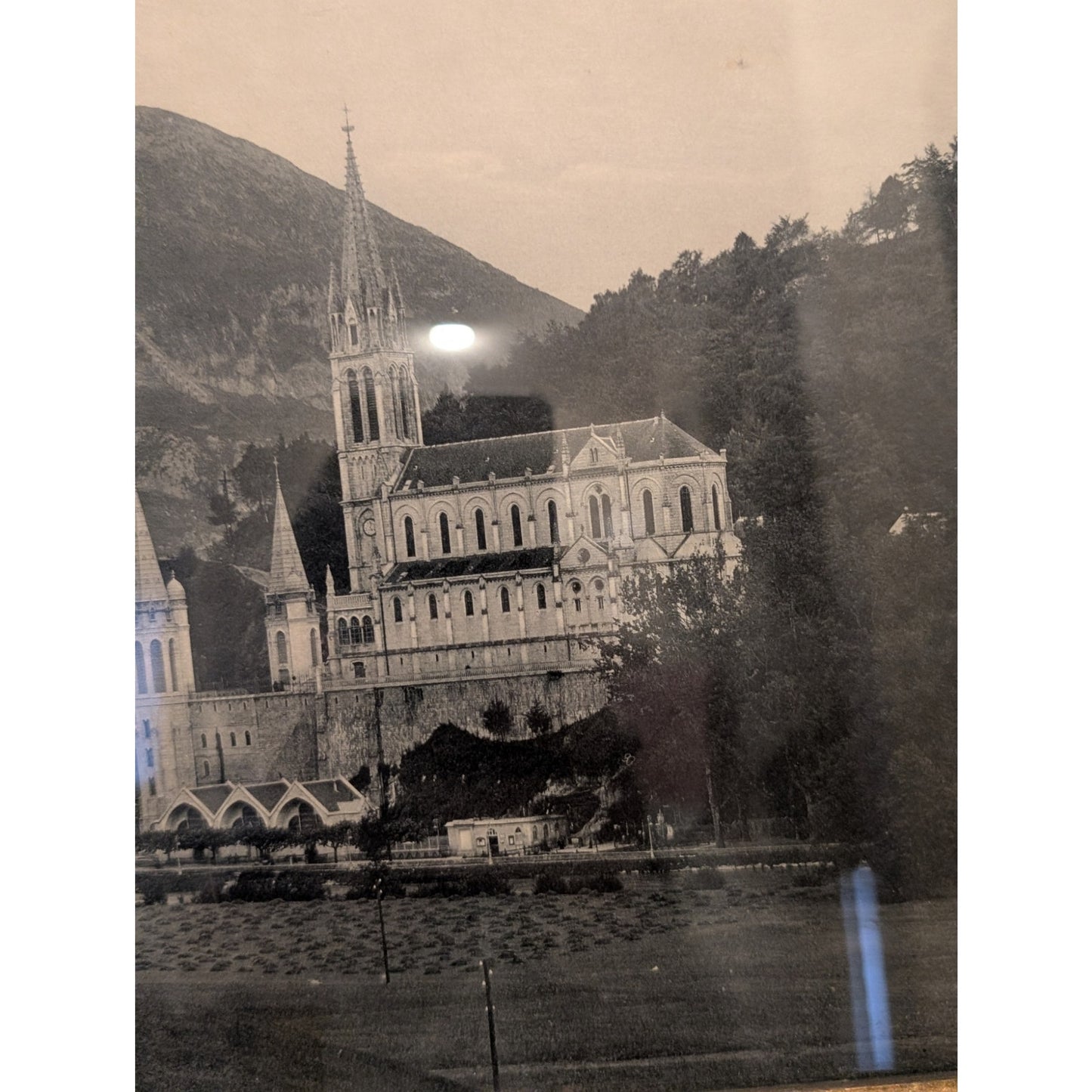 Antique/Vintage East to West Black & White Framed Picture of Lourdes Under Glass
