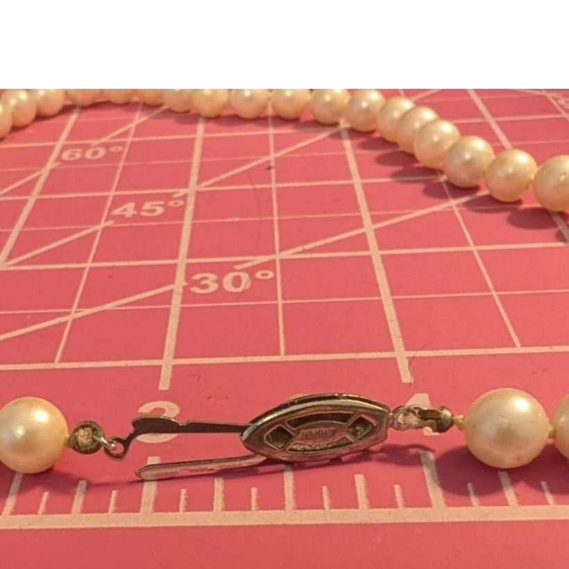 Vintage Sterling Silver Clasp Hand Knotted 12mm Faux Pearl 15.5" Necklace
